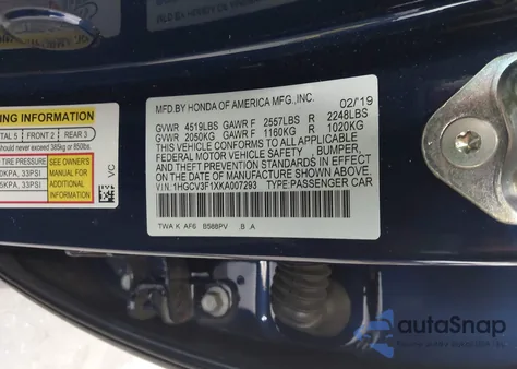 2019 Honda Accord Hybrid z USA, uszkodzony, nr VIN 1HGCV3F1XKA007293
